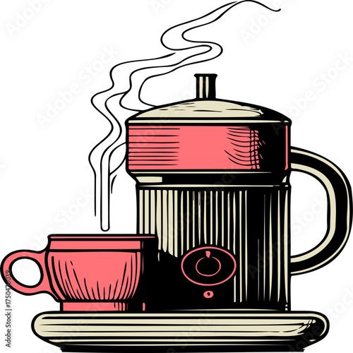 Steaming Brew: A vintage coffee machine steams, ready to serve freshly brewed coffee, alongside a mug, capturing the moment of simple satisfaction.