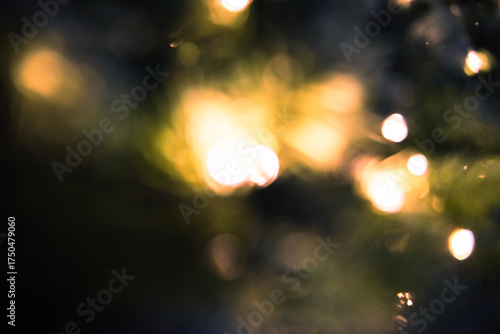 Soft bokeh lights glowing warmly in the darkness, creating a calm and dreamy atmosphere.