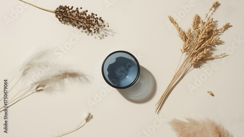 Minimal still life composition featuring dried pampas grass, wheat stems, and a single turquoise glass vase arranged on a clean neutral background, emphasizing natural texture, organic decor, and mode