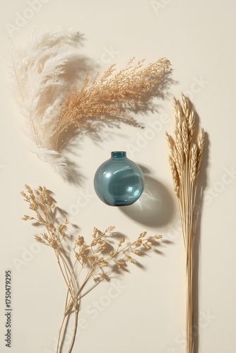 Minimal still life composition featuring dried pampas grass, wheat stems, and a single turquoise glass vase arranged on a clean neutral background, emphasizing natural texture, organic decor, and mode
