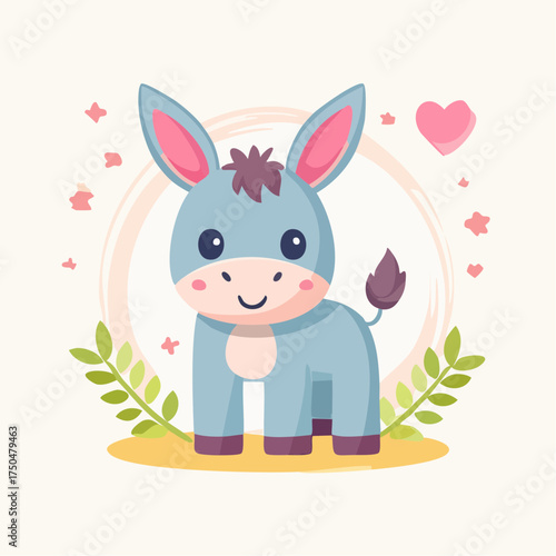 Sweet cartoon illustration of an adorable blue baby donkey with a pink heart and butterflies.
