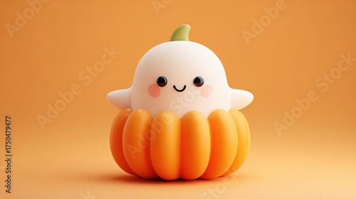 Minimalist 3D Icon-Style Design: Cute Ghost Inside Pumpkin (Simple Shapes/Lines), Solid Background + 45-Degree Centered Composition (Isometric View/Studio Lighting) for 2D Games