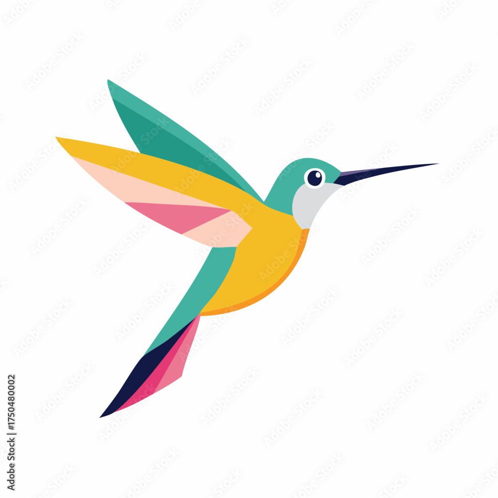Obraz premium A vibrant, stylized hummingbird with colorful geometric wings flying against a plain white background.