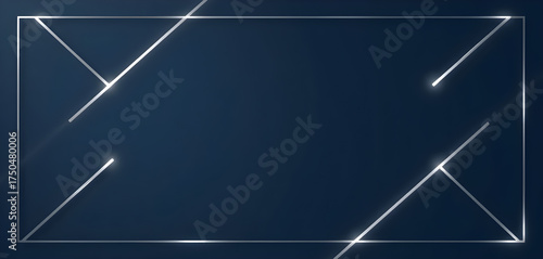  Matte navy background with luminous silver diagonal framing lines around a smooth central space. Minimal elegant 3D abstract border layout.