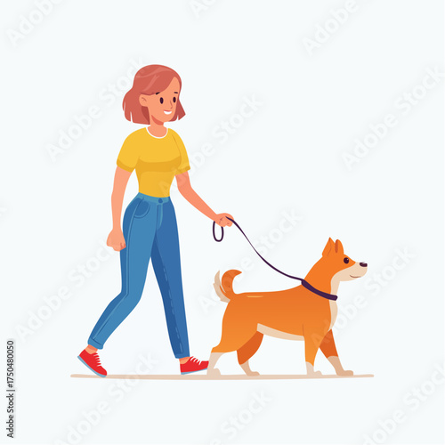 A young woman in a yellow shirt and blue jeans walking her happy Shiba Inu dog on a leash.