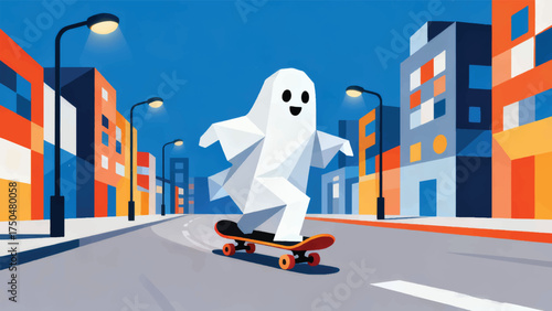 Illustration Of A Ghost Riding A Skateboard On A City Street, Modern Funny Halloween Vector Design Template