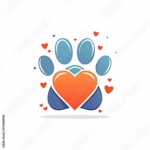 A stylized blue animal paw print with a large orange heart at its center, symbolizing love for pets.