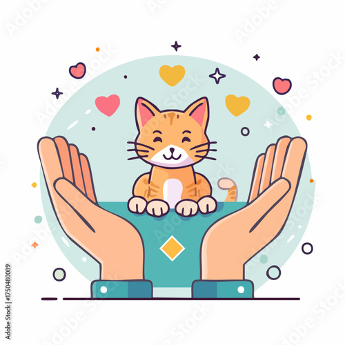 An adorable cartoon ginger cat held safely in loving hands, surrounded by hearts and sparkles, symbolizing pet care and adoption.