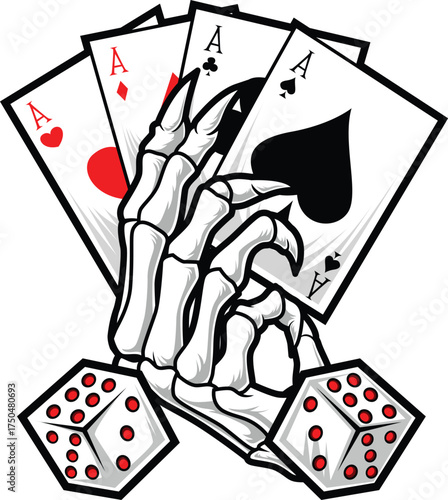Illustration of Skull hand holding the Ace Cards and Two Dice in the bottom