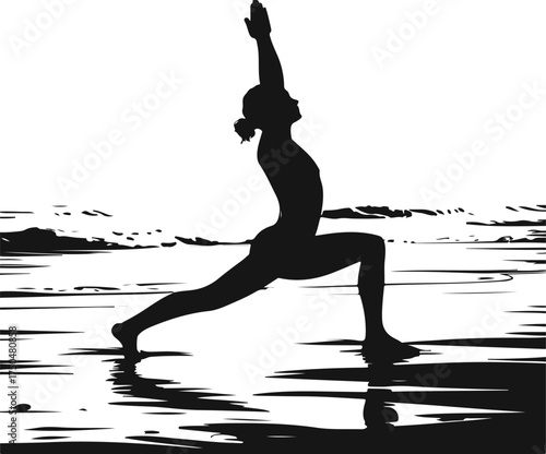 Woman silhouette doing yoga on the beach