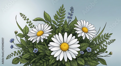 Daisy Bouquet - A Floral Still Life with Ferns and Blue Accents.