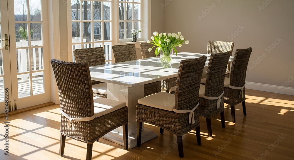 Fototapeta premium Bright Dining Room with Wicker Chairs and Natural Light.