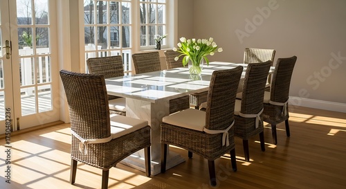Bright Dining Room with Wicker Chairs and Natural Light.