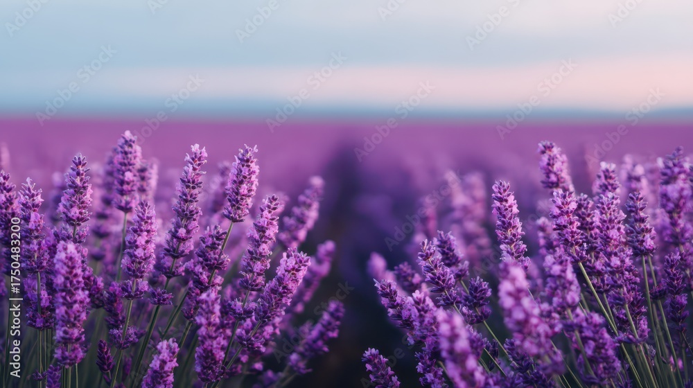 Obraz premium A serene lavender field stretches into the distance, showcasing vibrant purple blooms against a soft, blurred background.