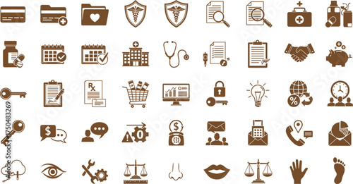 Medical and healthcare icon set, hospital equipment, pharmacy, doctor consultation, health insurance, medicine, treatment, clinic, wellness, medical symbols collection