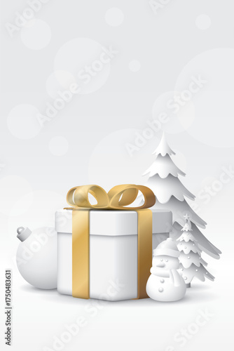 3D white gift box gold ribbon with snowman, decorated Christmas tree and Christmas ball around on vertical background have blank space.