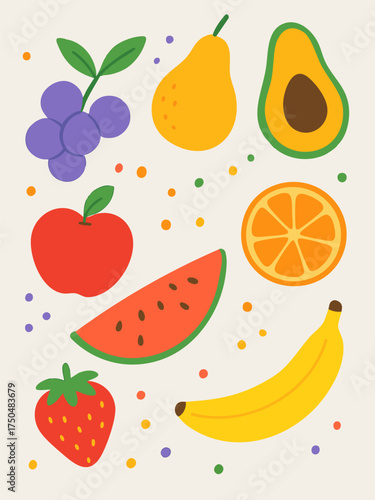 Vector Pattern of Fruit Elements in Modern Organic Style with Bright Color Palette