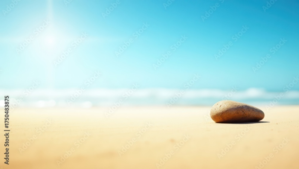 Obraz premium Pebble rests on sunlit beach sand with the bright blue sky as the backdrop, soft waves subtly break in the distance, the natural composition evokes a sense of tranquility and relaxation on a...