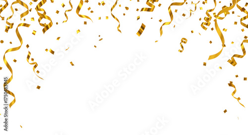Gold confetti and streamers isolated on transparent background