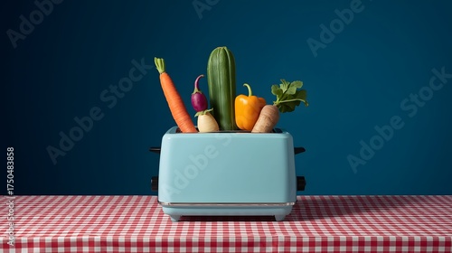 Surreal still life composition featuring a pastel blue toaster overflowing with colorful fresh vegetables against a bold blue wall and checkered tablecloth, creating a playful kitchen scene with vibra