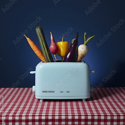 Surreal still life composition featuring a pastel blue toaster overflowing with colorful fresh vegetables against a bold blue wall and checkered tablecloth, creating a playful kitchen scene with vibra