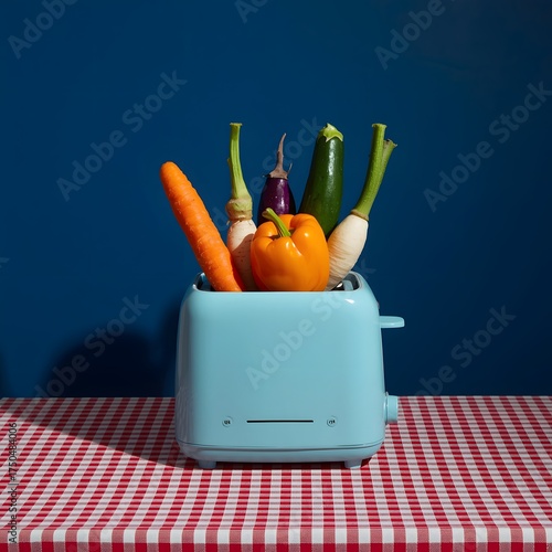 Surreal still life composition featuring a pastel blue toaster overflowing with colorful fresh vegetables against a bold blue wall and checkered tablecloth, creating a playful kitchen scene with vibra