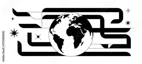 Global network and connectivity represented by planet Earth with abstract lines, stars, and geometric shapes symbolizing communication and technology