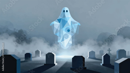 Illustration Of A Transparent Ghost Wandering In A Foggy Graveyard Vector Design Template