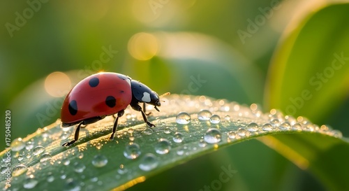 Ladybug on Dew-Kissed Leaf - A Macro View of Natures Beauty.