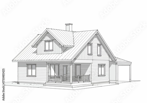 Architectural Sketch of a Two-Story House with Porch and Carport.