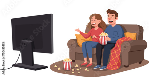 Cartoon couple watching movie, cozy home scene, popcorn snack, relaxing together, fun entertainment, living room comfort, happy moment, indoor lifestyle