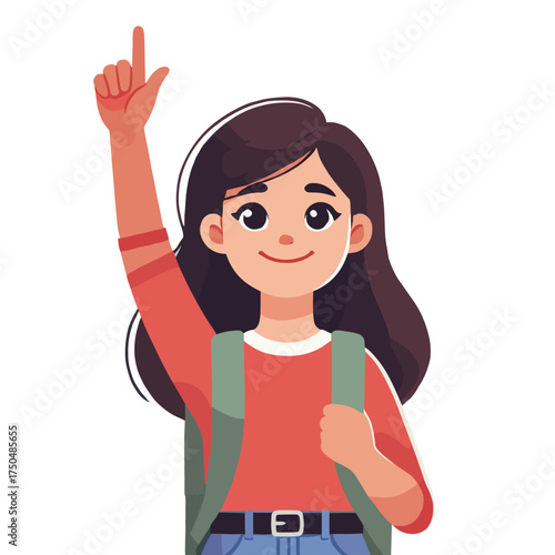 Flat Illustration of Student Girl With Backpack Raising Hand in a Brightly Lit Classroom Setting