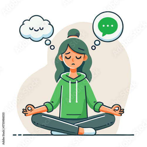 Flat Illustration of Woman in Green Hoodie Meditating Thinking Cloud and Speech Bubble