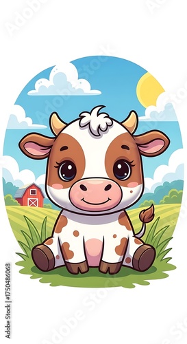 Adorable Cartoon Cow Sitting in a Sunny Meadow Illustration.