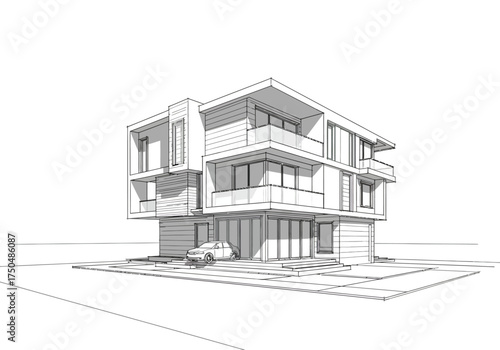 Modern House Design Sketch with Balconies and Carport.