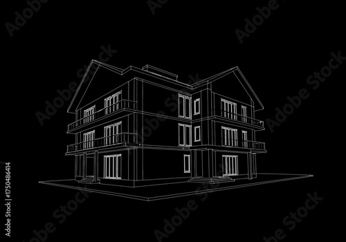 Architectural Wireframe of a Three-Story Residential Building with Balconies.