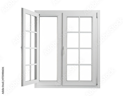 An open white window with a hinged panel reveals light on a dark background