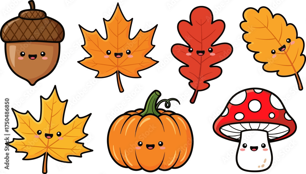 Obraz premium Adorable autumn harvest characters for seasonal designs, cute fall leaves and pumpkin with smiling faces, perfect for Thanksgiving and Halloween themes