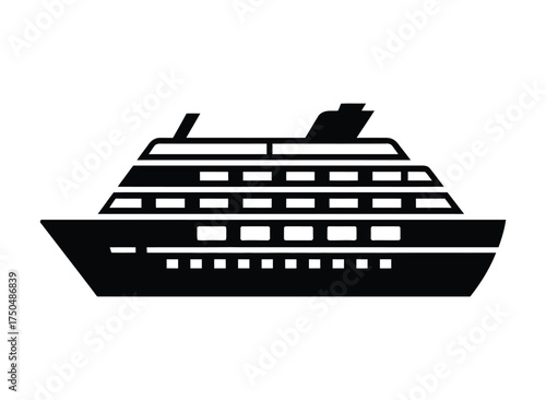 Stylized black silhouette of a large cruise ship with multiple decks and funnel
