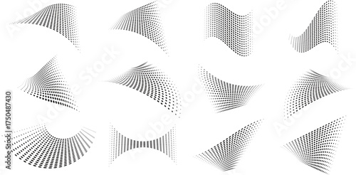 Abstract 3D wave dot patterns create dynamic motion and futuristic depth. Modern black gradient halftone design ideal for digital art and backgrounds. Perfect for tech, web, or print visuals.