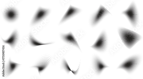 Abstract halftone dot gradients form smooth dynamic shapes with optical depth. Modern black and white design perfect for minimal backgrounds or digital concepts. Ideal for futuristic or tech visuals.
