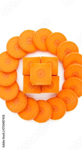 Arrangement of Carrot Slices and Cubes on White Background.