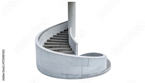Stone spiral staircase ascends beside a cylindrical column, curved design