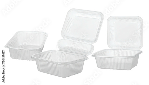 Several open and closed rectangular plastic food containers in a studio shot, white color