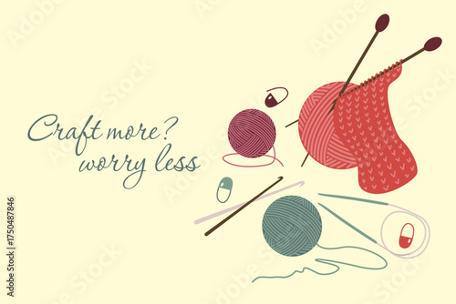 Vector illustration showcasing knitting supplies with the motivational quote Craft more Worry less. Includes yarn balls and knitting needles, perfect for hobbyists and crafters.