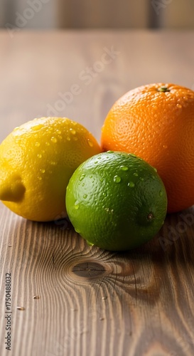 Citrus Trio - Lemon, Lime, and Orange on Wood Surface.
