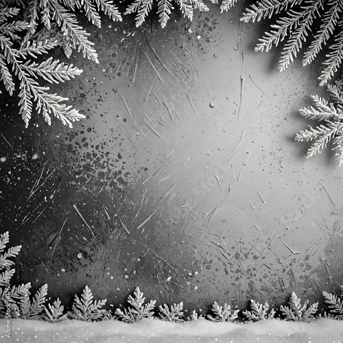 Festive Evergreen Frame: A frosty evergreen arrangement frames a textured dark gray surface, creating a sophisticated and seasonal backdrop, evoking winter beauty and holiday cheer.