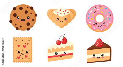 Cute kawaii desserts and pastries with happy faces.