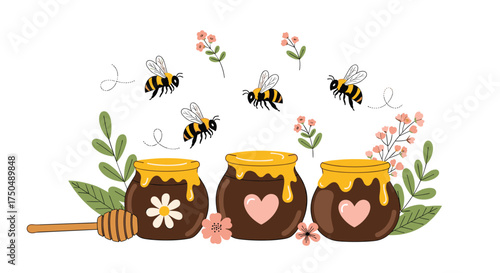 Sweet honey pots with bees flying around blooming flowers.
