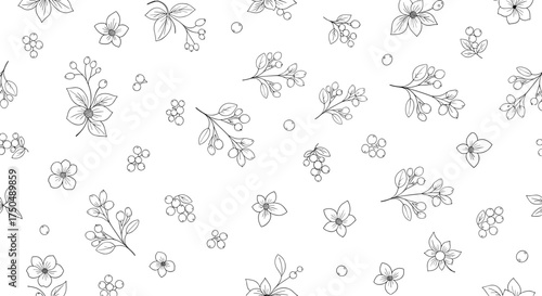 Abstract scattered delicate fine floral patterns on white.